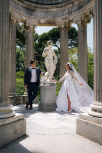 Artistic wedding portrait in villa garden in Lake Como, Italy