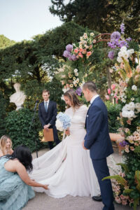 Garden ceremony with floral arch in Costa Brava