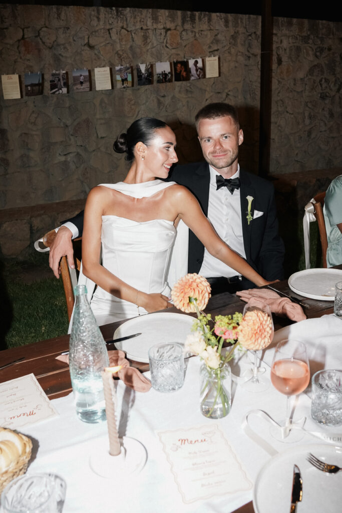 Bride and groom celebrating their wedding dinner in Mallorca