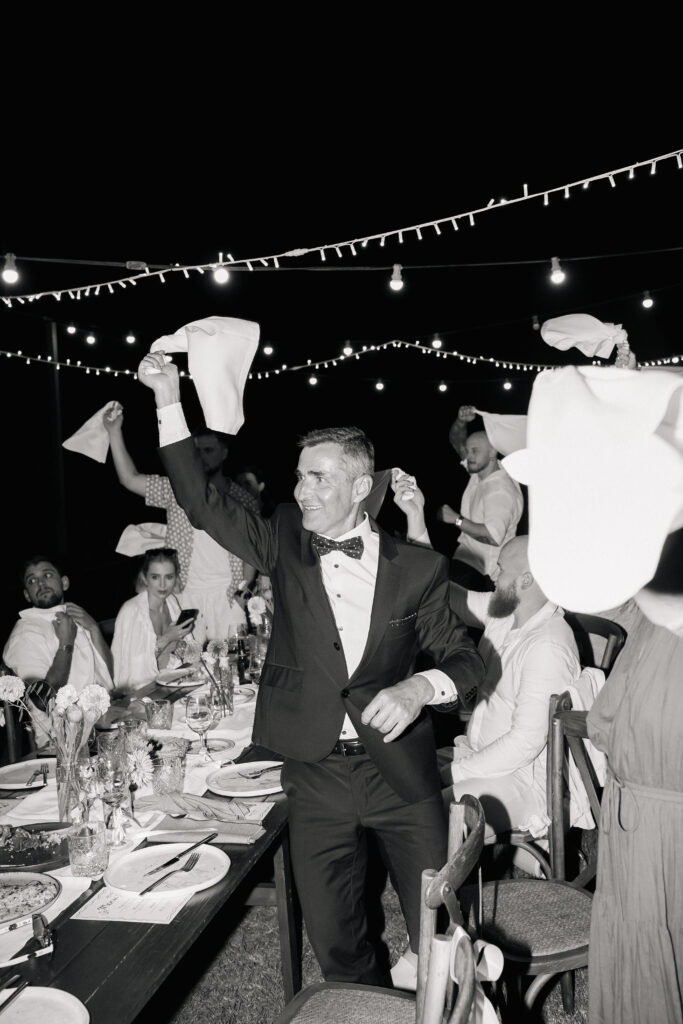 Bride and groom celebrating their wedding dinner in Mallorca