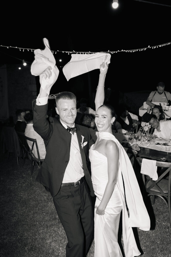 Bride and groom celebrating their wedding dinner in Mallorca