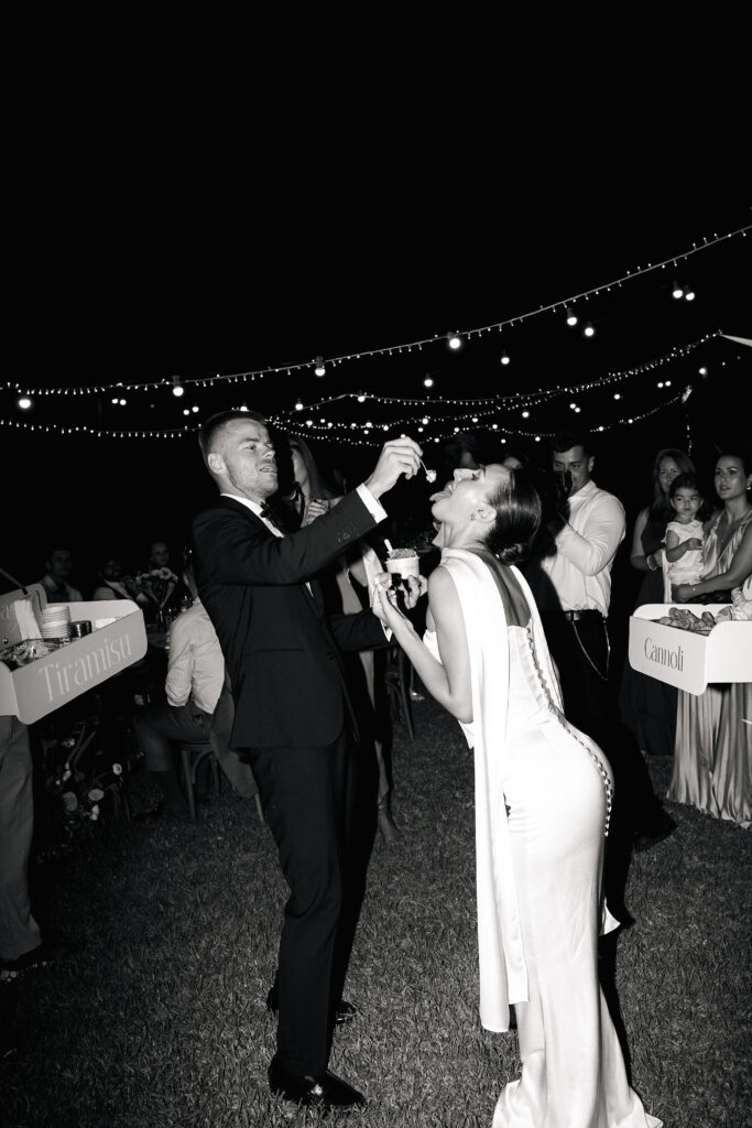 Bride and groom celebrating their wedding dinner in Mallorca