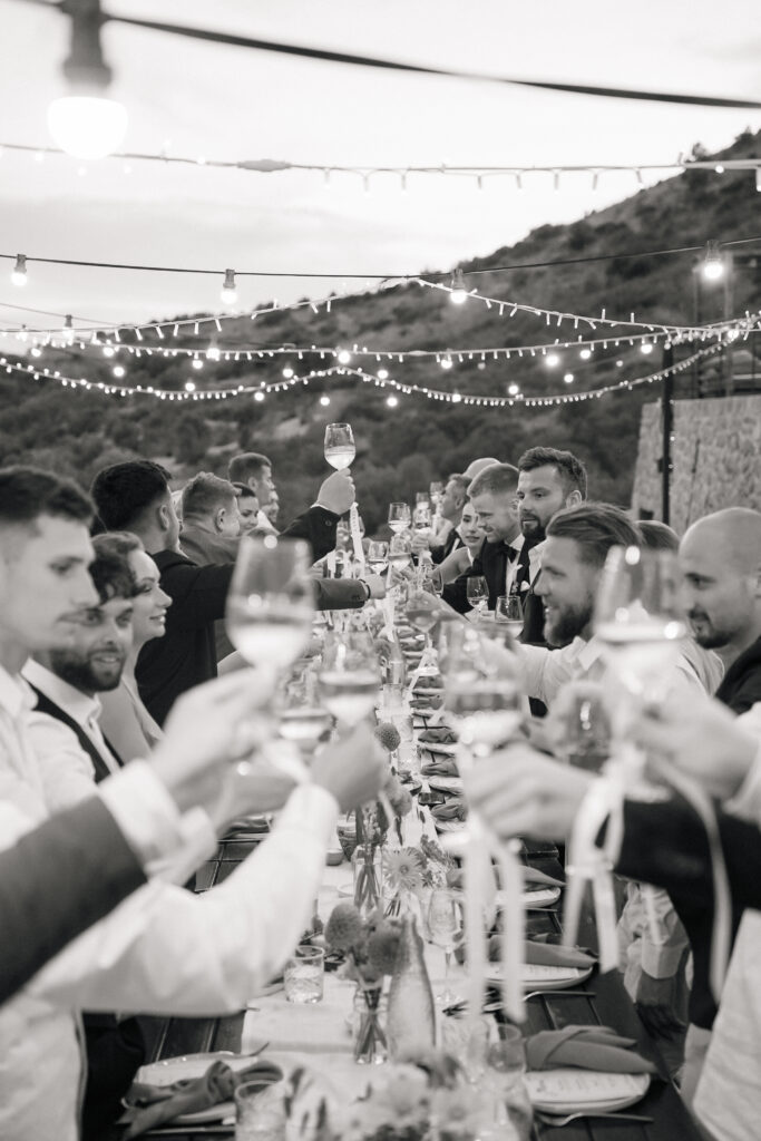 Outdoor wedding dinner party at night in Mallorca
