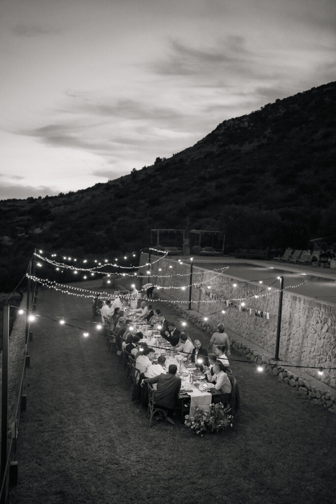 Bride and groom celebrating their wedding dinner in Mallorca