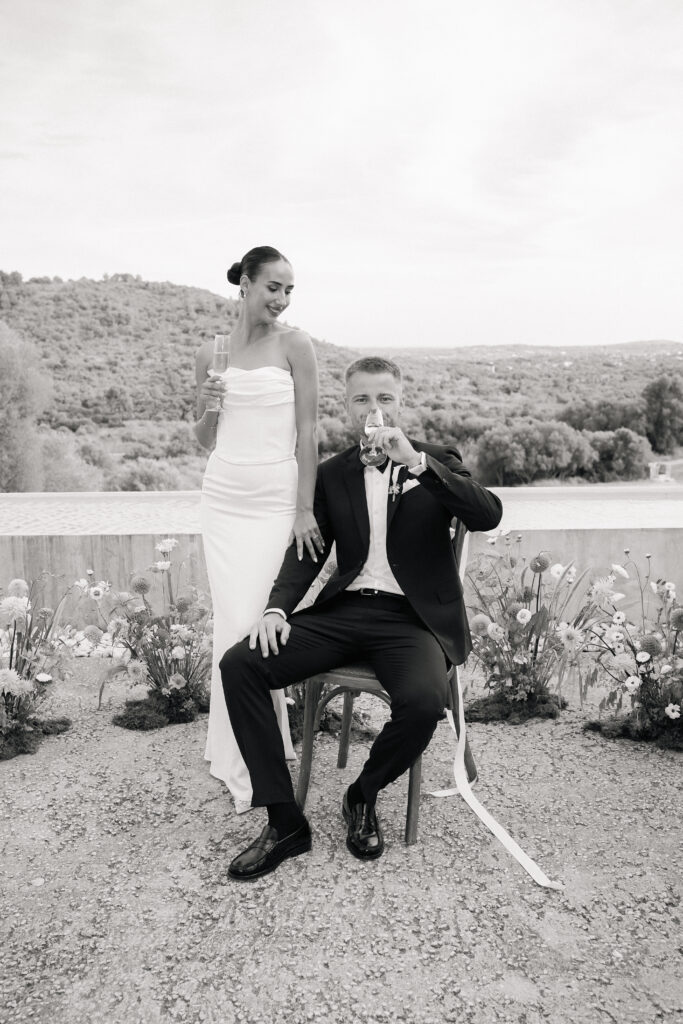 Bride celebrating with champagne at Finca Ses Voltes