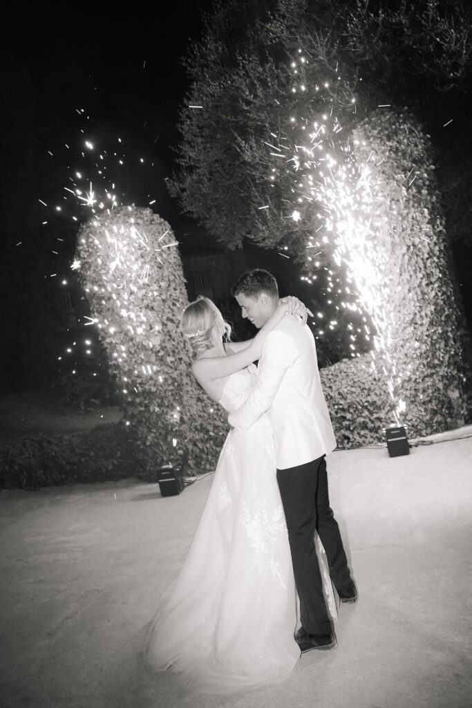 first dance with cold fires at finca son collell mallorca wedding photographer