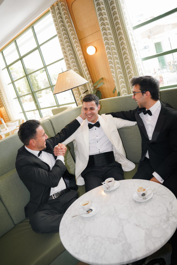 groom and best men candid moment mallorca wedding photographer finca son collell